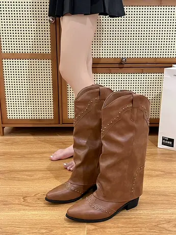复古铆钉高筒裤管靴法式女靴子百搭西部牛仔靴骑士靴小个子长筒靴商品大图