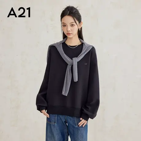 A21女装2025新款针织宽松圆领落肩套头中款无绒底卫衣图片