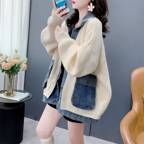 重工牛仔拼接毛衣外套女秋季2024年新款宽松慵懒风设计感针织开衫图片