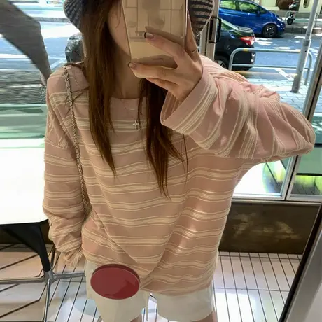 拼接撞色条纹圆领长袖T恤女初秋韩版宽松显瘦打底衫内搭外穿上衣商品大图