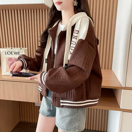 棒球服外套女2025新款春秋季韩版宽松薄款小个子百搭撞色开衫卫衣图片