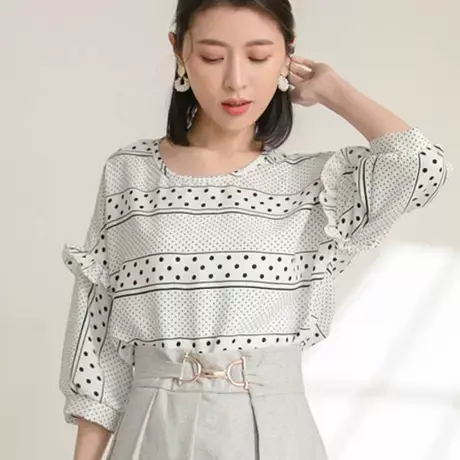 桔熊春夏季通勤复古波点印花雪纺衫宽松连袖上衣女装大码AB16991商品大图