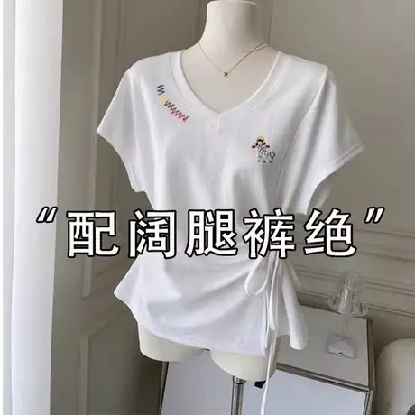 白色v领正肩短袖t恤女2025秋季流行风格设计感修身显瘦抽绳小上衣商品大图