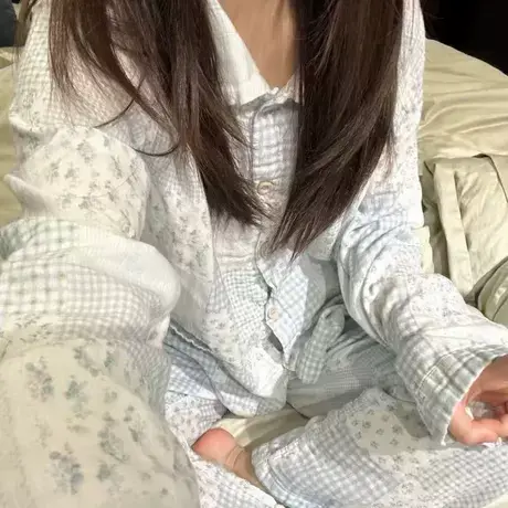 甜美可爱纯棉双层纱田园小碎花长袖长裤套装可爱翻领休闲家居服商品大图
