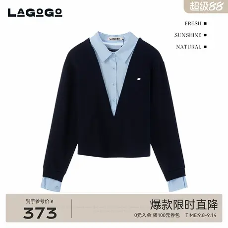 LAGOGO高知职场风卫衣女拉谷谷2025秋季新款拼接假两件OCEE458B02商品大图
