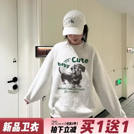 美式大版宽松休闲花灰色卫衣女设计感潮牌腊肠狗印花重磅套头上衣商品大图
