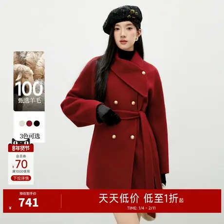秋水伊人优雅100%绵羊毛翻领大衣2025年冬季新款通勤慵懒毛呢外套商品大图