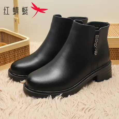 红蜻蜓女鞋2025冬季加绒保暖短筒靴真皮中年妈妈棉靴时尚休闲短靴图片