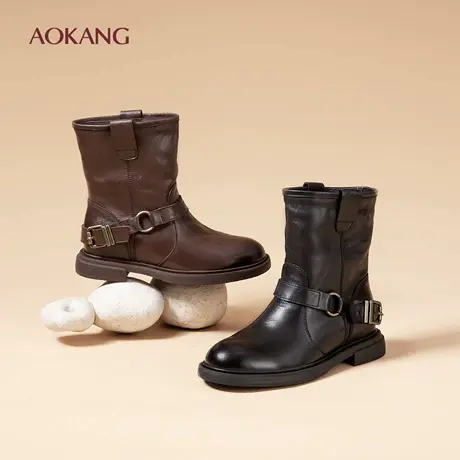 奥康 女鞋2025秋冬新款真皮时尚时装靴粗跟不累脚棉鞋N图片