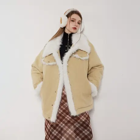 复古潮牌棉服女设计感冬季加厚毛毛外套2023新款宽松oversize棉衣商品大图