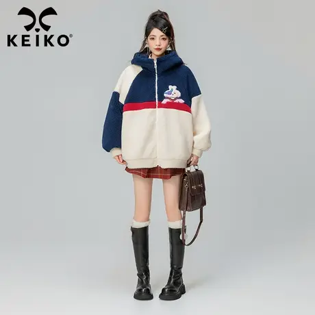 KEIKO 复古拼色羊羔毛外套女2023秋冬新款加厚毛绒连帽卫衣小棉袄商品大图