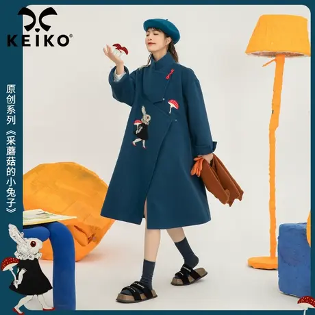 解构设计卡通绣花长款过膝毛呢大衣女2022冬季新款气质毛呢外套商品大图