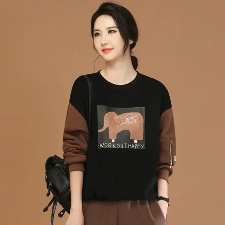 新品8.5折】圆领印花加绒保暖卫衣女宽松设计感拼接上衣图片