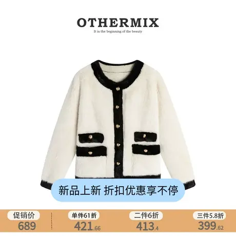 othermix仿皮草外套名媛气质温柔毛绒外套女2023冬季新款拼接上衣商品大图