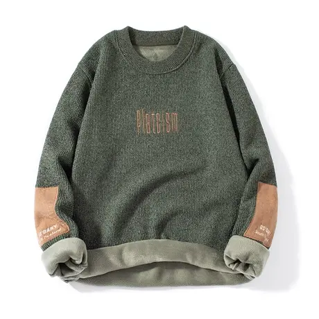 冬季新款刺绣毛衣加绒加厚保暖圆领长袖T恤针织衫御寒卫衣男上衣商品大图