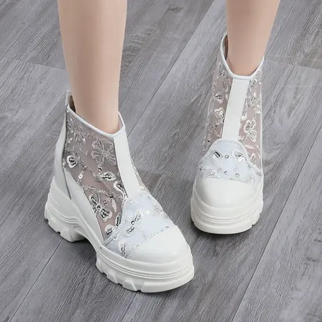 10CM内增高小白鞋女款刺绣透气镂空凉靴法式配裙子厚底真皮休闲鞋商品大图