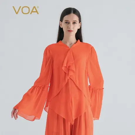 VOA桑蚕丝乔其纱橙红色V领喇叭袖荷叶边立体装饰减龄双层真丝T恤图片