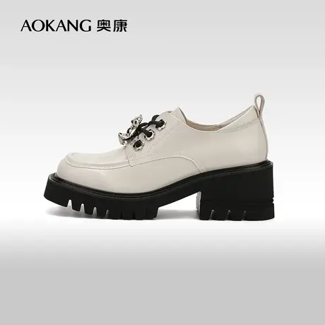 【门店发货】奥康女鞋春秋款乐福鞋单鞋厚底增高系带黑色英伦皮鞋商品大图