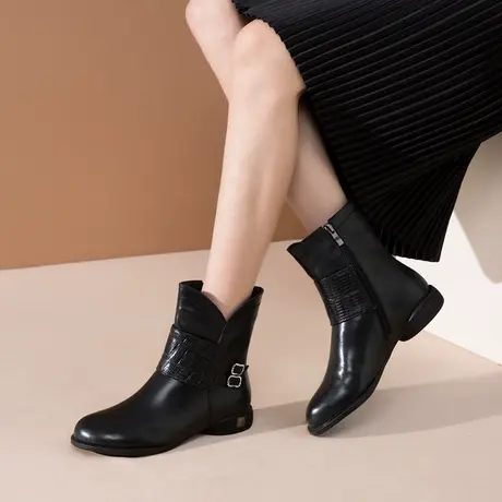 真皮靴子女2023秋冬季新款小短靴平跟马丁靴侧拉链圆头牛皮女士靴图片