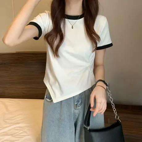白色不规则T恤女装别致短袖2023夏季新款短款正肩上衣设计感小众商品大图
