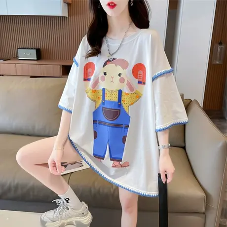 小众设计感短袖t恤女夏季韩版宽松大码女装中长款百搭学生上衣服商品大图