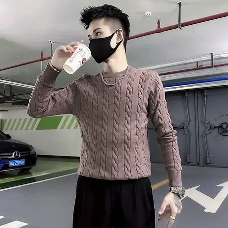 秋冬季潮牌纯色套头毛衣男个性麻花条纹设计感轻熟修身打底针织衫图片