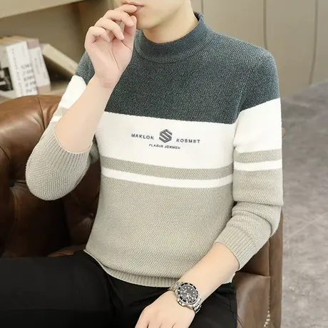 半高领毛衣男加厚针织打底衫休闲宽松潮牌潮流秋冬季男装撞色线衣商品大图