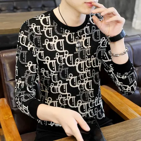 秋季潮牌个性长袖t恤男韩版圆领修身卫衣网眼镂空高端打底衫上衣商品大图