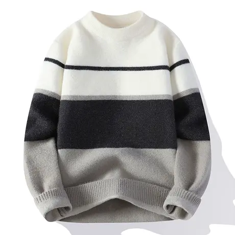 半高领毛衣男秋冬季新款宽松套头针织打底衫潮牌拼色加厚保暖线衣商品大图