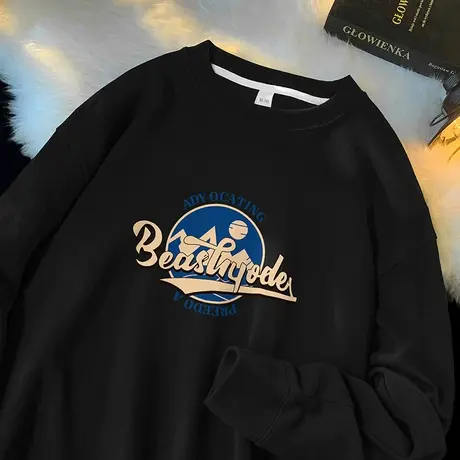 350g重磅卫衣男秋冬款圆领长袖t恤日系潮牌印花无帽衫黑色上衣服图片