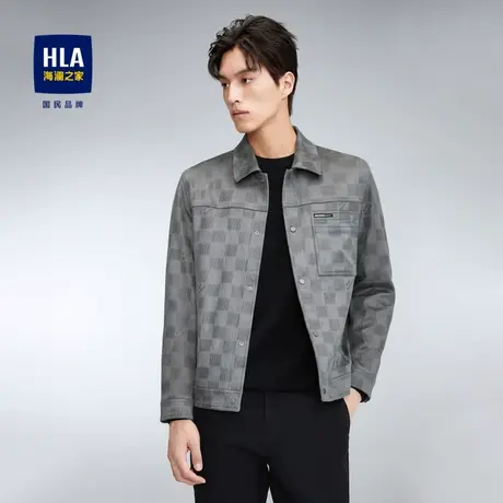 HLA/海澜之家翻领夹克2023秋季新款格子微弹仿麂皮绒休闲外套男图片