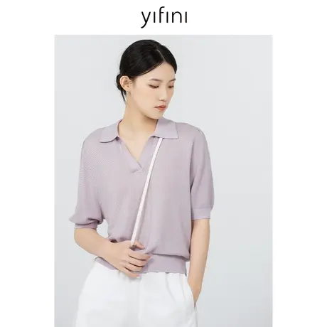 Yifini/易菲五分袖薄款翻领针织衫女初秋新款宽松V领POLO上衣图片