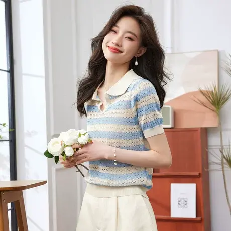 时尚条纹短袖针织衫2023年夏季新款淑女温柔翻领宽松显瘦通勤上衣商品大图