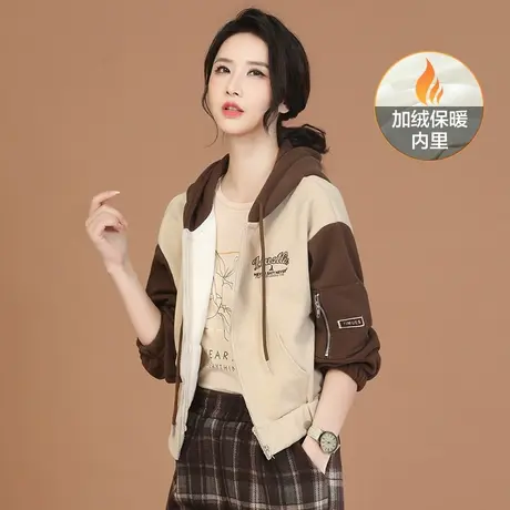 韩潮袭人连帽撞色拼接加绒开衫卫衣女2023冬装新款休闲百搭短外套图片