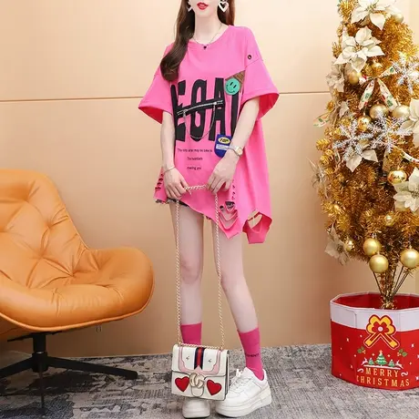 设计感不规则短袖T恤女中长款2023新款夏季宽松欧版大码半袖上衣商品大图