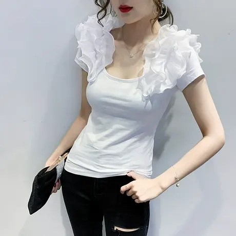 女装2024新款潮时尚个性荷叶边T恤女短袖夏季小众设计感洋气上衣商品大图