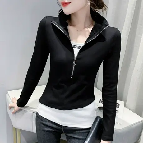 时尚立领拉链T恤小众设计感假两件上衣修身百搭打底衫女长袖春秋图片
