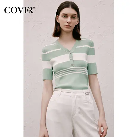 COVER夏季条纹装饰扣V领高弹针织衫商品大图
