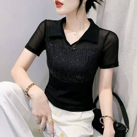 性感网纱拼接T恤女短袖夏装重工亮片设计感上衣洋气POLO领小衫ins商品大图