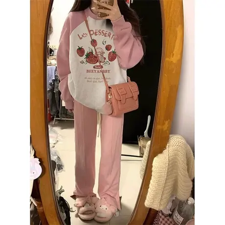 粉色卫衣女秋冬oversize薄款拼色插肩外套韩版设计感小众宽松上衣商品大图