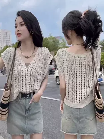 镂空钩花V领马甲针织衫夏新款潮设计感外搭无袖韩系上衣女ins甜美商品大图