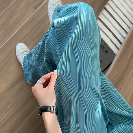 水波纹蓝色冰丝阔腿裤女春夏季薄款高腰垂感休闲宽松拖地直筒裤子图片