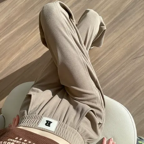 灰色松紧腰香蕉阔腿裤女2023春秋款梨型身材垂感窄版直筒针织裤子图片