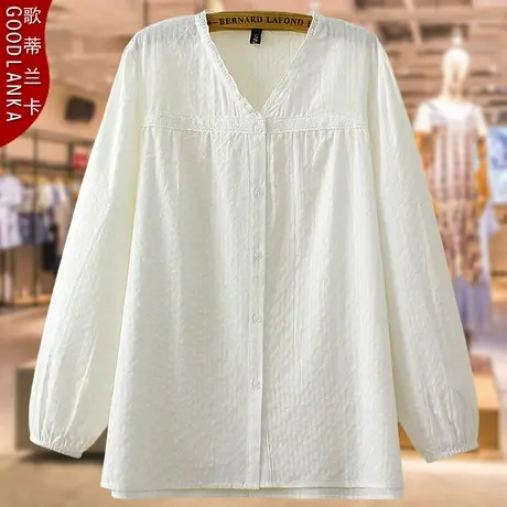 加肥加大码中年妈妈春装纯棉上衣200斤宽松洋气提花长袖白衬衫女商品大图