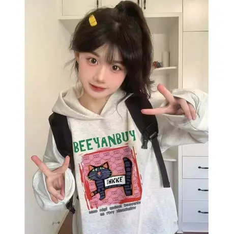 美式复古hiphop潮牌卫衣女2023春秋薄款宽松慵懒风连帽小个子外套商品大图