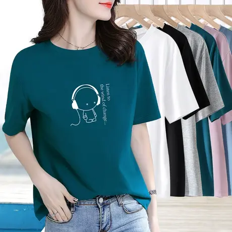 印花短袖t恤女宽松休闲简约百搭纯棉上衣2024年新款半袖体桖大码图片