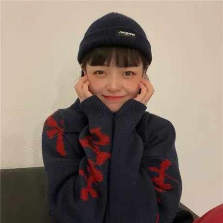 红续新年翻领提花毛衣女小众设计感复古慵懒风针织衫外套秋冬新款商品大图