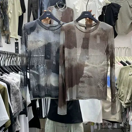 美式扎染透视网纱薄款垫肩防晒衫女2023夏欧韩宽松高级感晕染T恤t商品大图