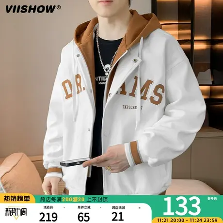VIISHOW美式休闲2024春秋季男假两件开衫连帽棒球服潮牌百搭外套图片
