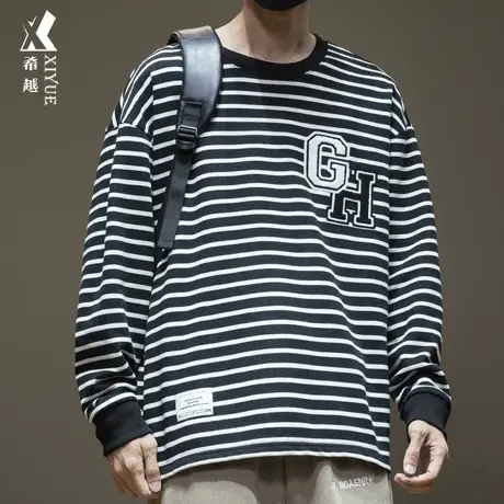 2024春秋新款加肥加大条纹长袖t恤男士卫衣青少年大码打底衫男装商品大图
